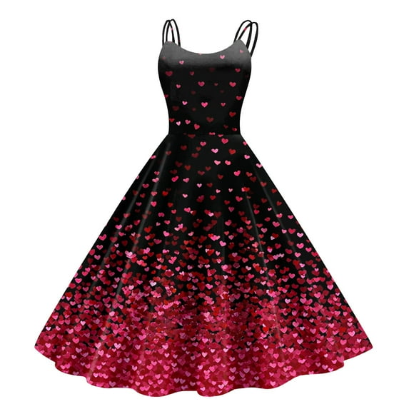 Valentines Day Cocktail Women's Dress Vintage Sleeveless Heart Print Swing A Line Dress Hot Pink L