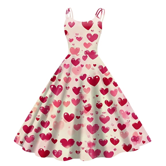 Valentines Day Cocktail Women's Dress Vintage Sleeveless Heart Print Swing A Line Dress Watermelon Red S