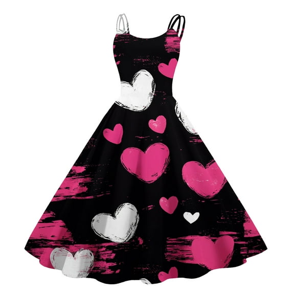 Valentines Day Cocktail Women's Vintage Dress Sleeveless Heart Print Evening Prom Swing A Line Dress Hot Pink S