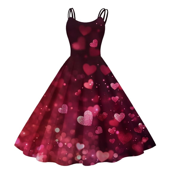 Valentines Day Cocktail Women's Vintage Dress Sleeveless Heart Print Evening Prom Swing A Line Dress Purple Pink S
