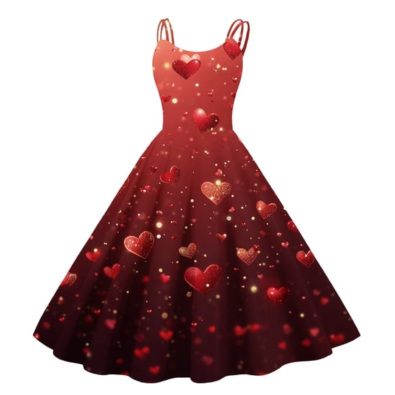 Valentines Day Cocktail Women's Vintage Dress Sleeveless Heart Print Evening Prom Swing A Line Dress Red 2XL