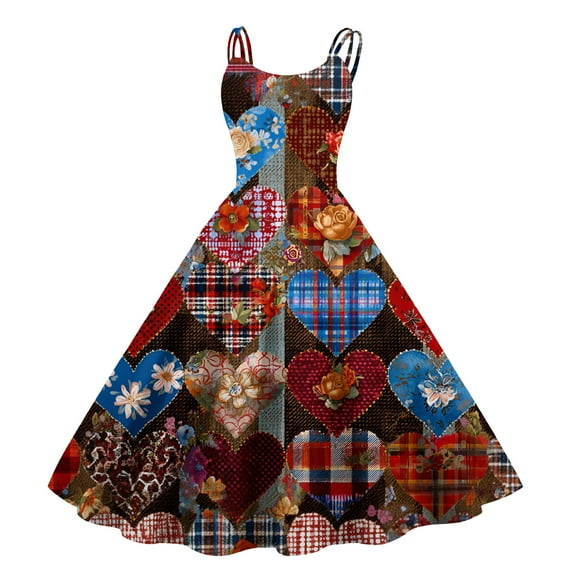 Valentines Day Cocktail Women's Vintage Dress Sleeveless Heart Print Evening Prom Swing A Line Dress Wine L