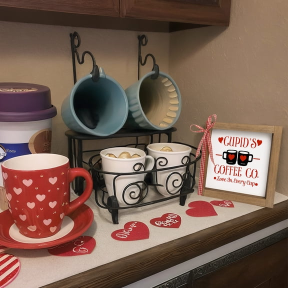 Valentines Day Coffee Bar Decor, Wooden Cupid's Coffee Co. Sign, Valentine's Day Love Decorative Signage Indoor Table Kitchen Wall Shelf Desk Tiered Tray Rustic Farmhouse Home Decorations