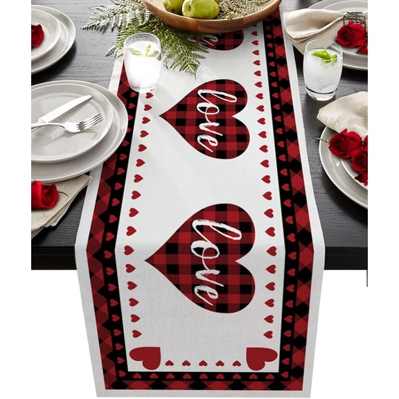 Valentines Day Coffee Table Runners,Cotton Linen Red and Black Buffalo Check Plaid Love Tablecloths Non-Slip Outdoor Table Decorations for Wedding,Holiday Party ,Kitchen ,Dinner,13X48 Inches