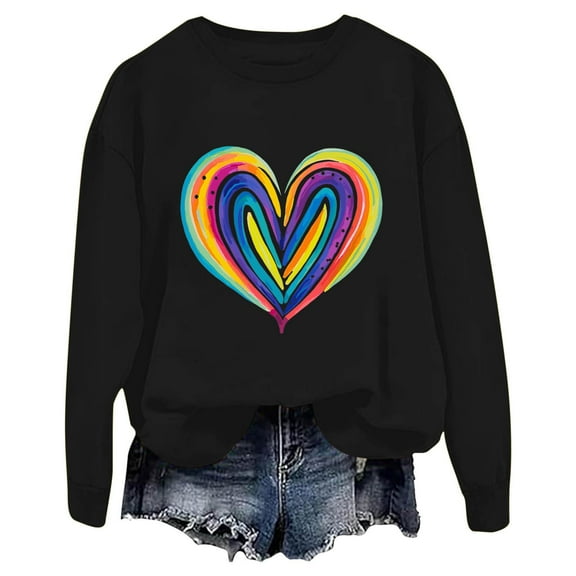 Valentines Day Colorful Heart Sweatshirts for Women Oversized Cute Pullover Long Sleeve Fleece Tops