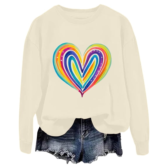 Valentines Day Colorful Heart Sweatshirts for Women Oversized Cute Pullover Long Sleeve Fleece Tops