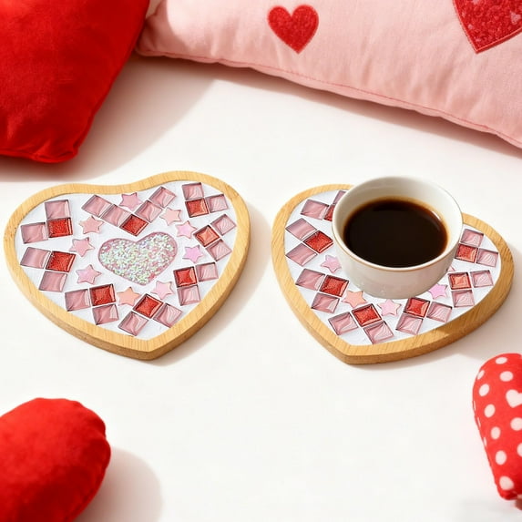Valentines Day Crafts Mosaic Tile Set Wooden Cup Mats Mixed Color DIY Craft Kit with Tools for Beginners