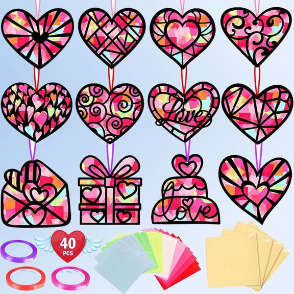 Valentines Day Crafts: Paper Heart Suncatchers, Classroom DIY Kits, Window Stained Glass Effect Art Supplies
