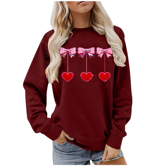 Valentines Day Crewneck Sweatshirts Womens Cute Valentine Sweater Pullover Long Sleeve Heart Bow Holiday Outfits, M Wine