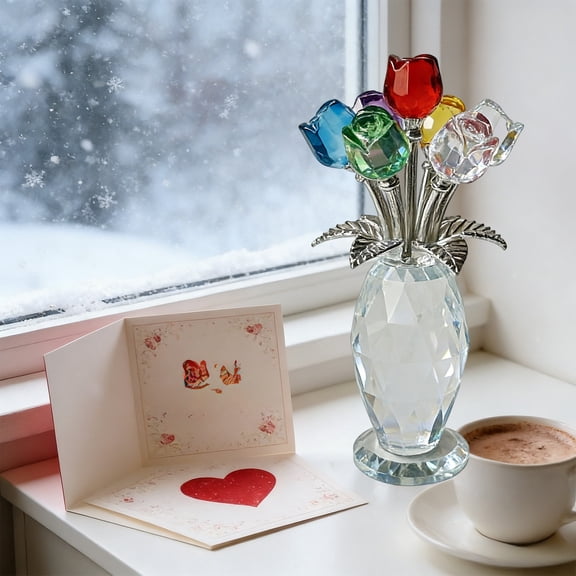 Valentines Day Crystal Rose & Glass Gifts – Crystal Red Rose Bouquet in Glass Vase, Sparkling Centerpiece, Elegant Desk Decor for Office, Anniversary