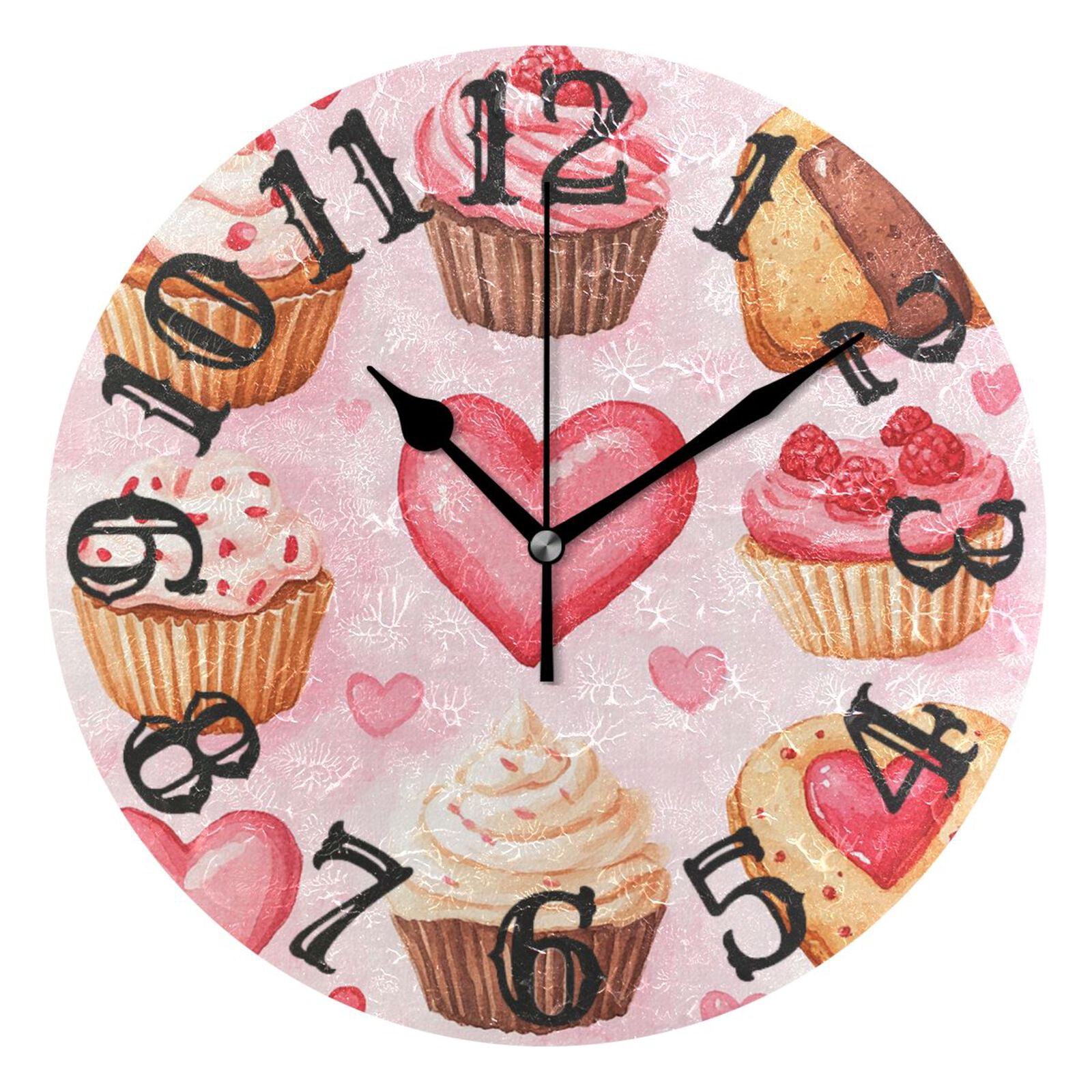 Valentines Day Cupcakes Wall Clock 10 inch Non-Ticking Easy to Read ...