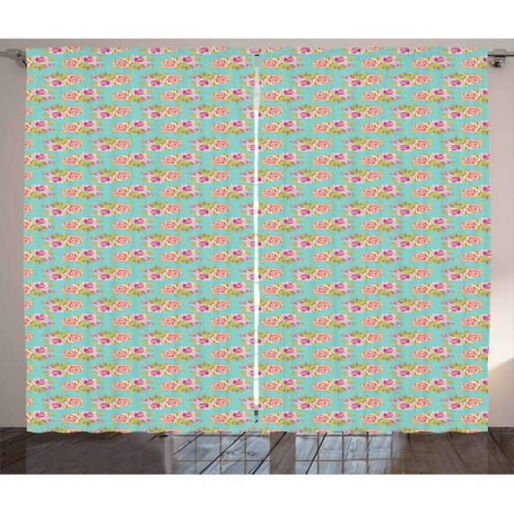 Valentines Day Curtains 2 Panels Set, Bouquet of Roses with Purple and Pink Shades Vintage Countryside Foliage, Window Drapes for Living Room Bedroom, 108W X 63L Inches, Multicolor, by Ambesonne