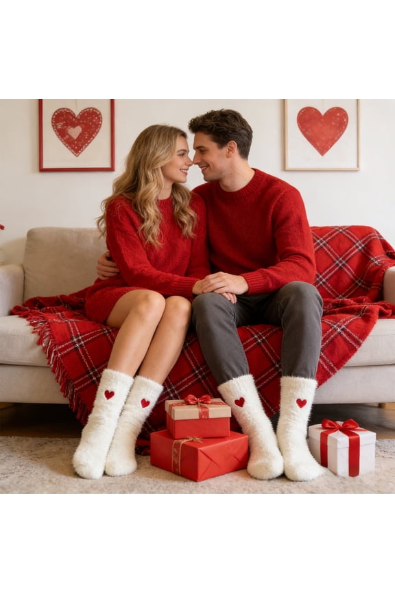 Valentines Day Cute Fleece Socks, White Puffy Mid-Calf Warm Cozy Floor Socks for Fall and Winter, Soft Thick Plush Socks