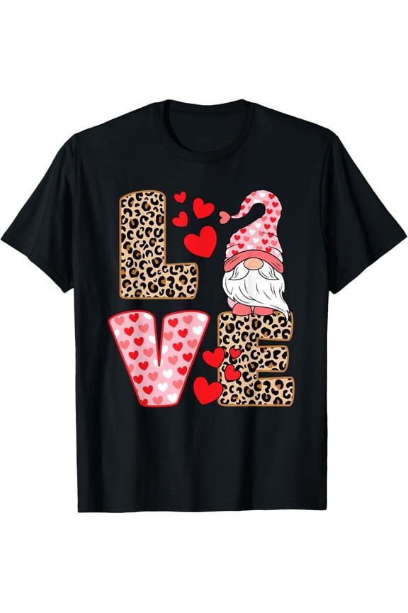 Valentines Day Cute Love Heart Gnome Leopard Cheetah Print T-ShirtMen's and women's gift, black and white T-shirt, size: Extra large S-4XL