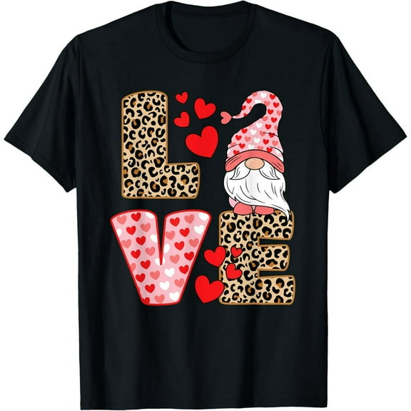 Valentines Day Cute Love Heart Gnome Leopard Cheetah Print T-ShirtMen's and women's gift, black and white T-shirt, size: Extra large S-4XL