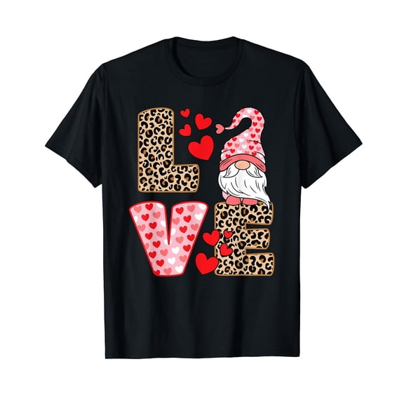 Valentines Day Cute Love Heart Gnome Leopard Cheetah Print T-Shirt