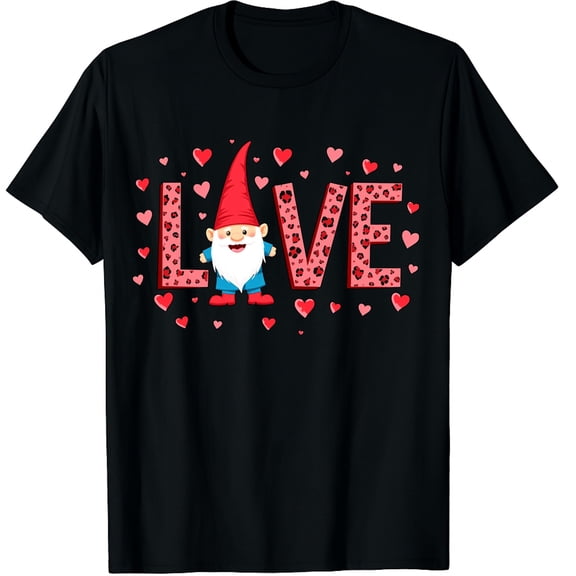 Valentines Day Cute Love Heart Gnome Leopard Graphic Crew Neck Short Sleeve T-Shirts (Men's, Women's)