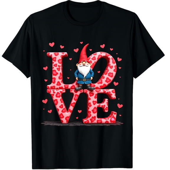 Valentines Day Cute Love Heart Gnome Leopard Graphic Crew Neck Short Sleeve T-Shirts (Men's, Women's)
