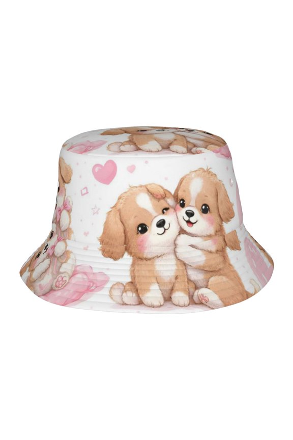 Valentines Day Cute Puppy Hearts Fisherman's Hat Lightweight and Breathable Sun Hat Suitable for Both Men and Women