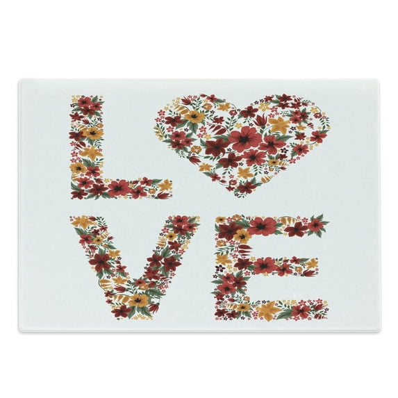 Valentines Day Cutting Board, Garden Fowers Romantic Love Letters Hears Image Couple Theme Print, Decorative Tempered Glass Cutting and Serving Board, Large Size, Multicolor, by Ambesonne