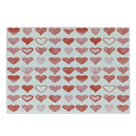 Valentines Day Cutting Board, Heart of Love and Romance Hand Drawn Style Romantic Art, Decorative Tempered Glass Cutting and Serving Board, Small Size, Vermilion Pink White, by Ambesonne