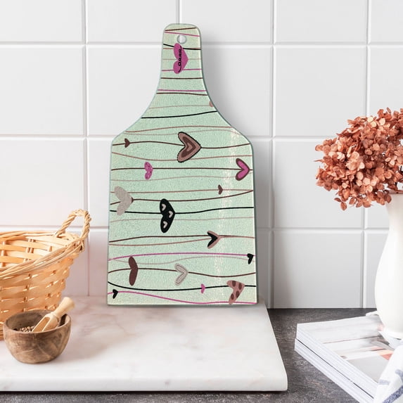 Valentines Day Cutting Board, Hearts in Various Shapes and Sizes with Doodle Lines Love Themed Image, Tempered Glass Cutting and Serving Board, Wine Bottle Shape, Black Coral Pink, by Ambesonne