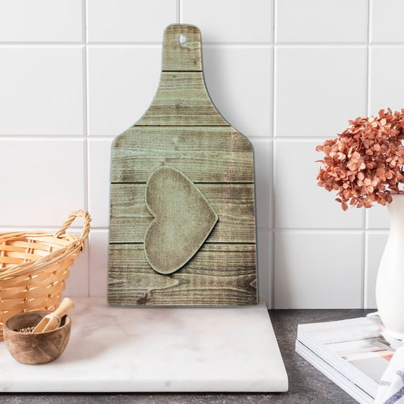 Valentines Day Cutting Board, Rustic Heart over Wooden Planks Background Lovers Corner Romantic Celebration Print, Tempered Glass Cutting and Serving Board, Wine Bottle Shape, Tan, by Ambesonne