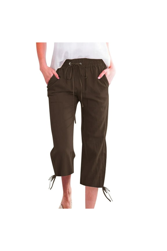 Valentines Day 2025! Trousers For Womens Plus Size Slacks 3/4 Capri Pants Pockets Trousers Solid Color Slacks Drawstring Pants Straight Leg Trousers Wide Leg Slacks Loose Stretch Pants