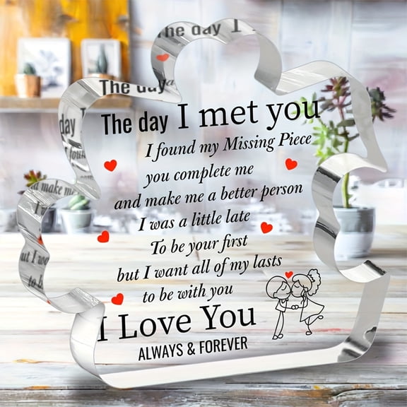 Valentines Day Decor Gift, Staron Acrylic Transparent Puzzle Shaped Keepsake, Engraved Sentimental Message Ornament for Lovers Anniversary Desk