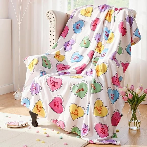 Valentines Day Decor: Hand-Painted Candy Heart Flannel Fleece Throw Blanket, Ultra Soft Plush Travel Blanket, Cozy Romantic Valentines Gift for Couple Women Home Bed Sofa Decor 50"x60"