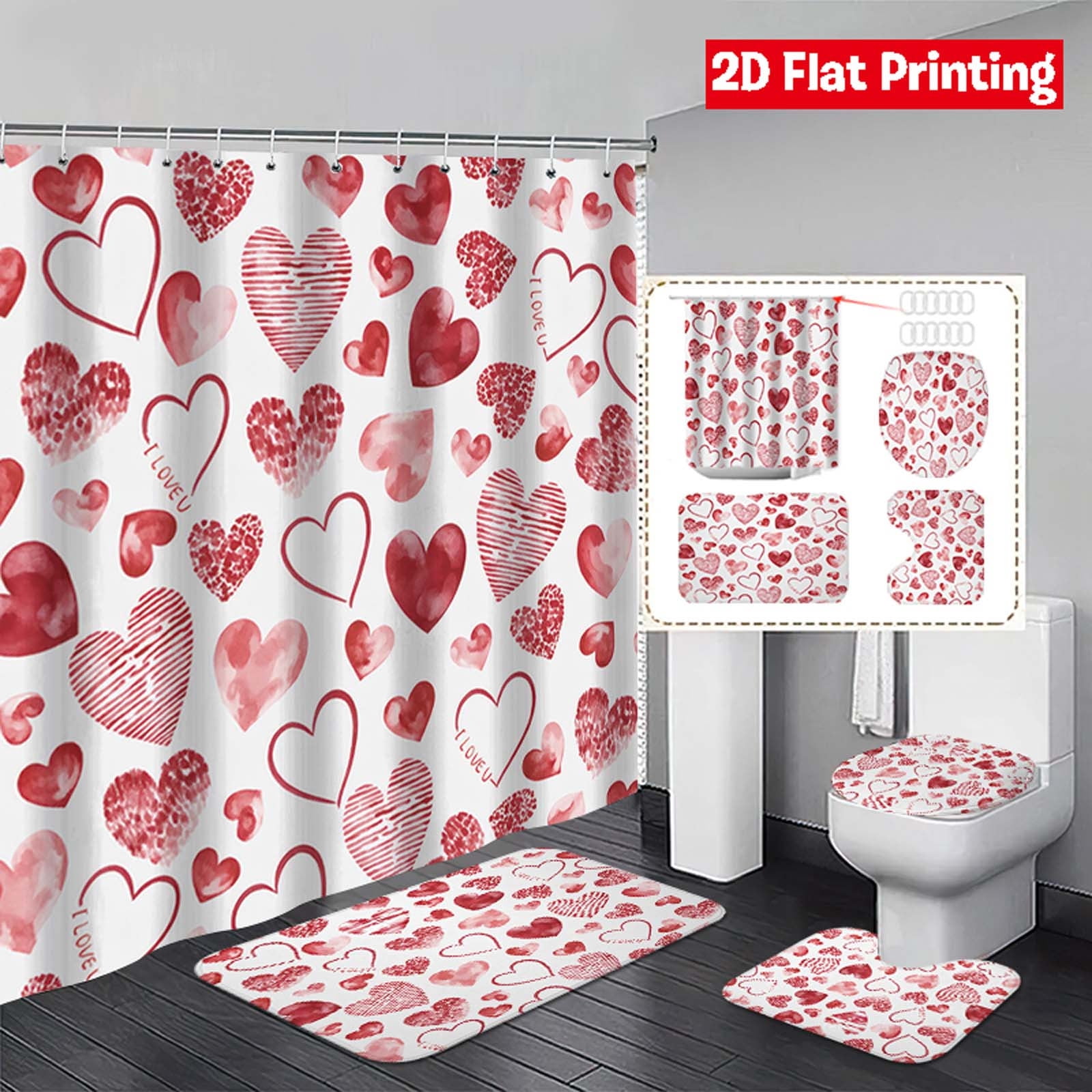 Valentines Day Decor Heart Shower Curtain Floor Mat Set of 4 Home