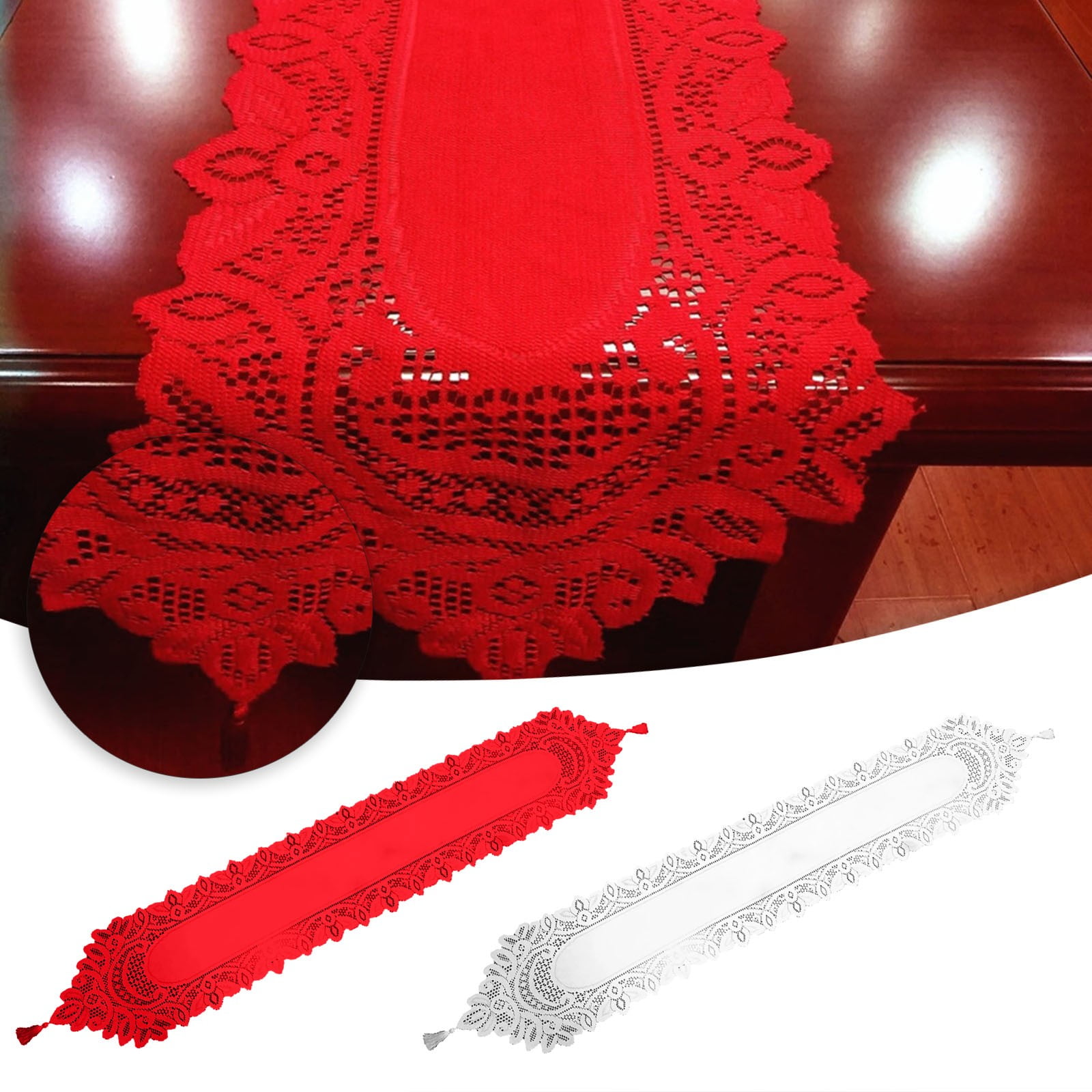 Valentines Day Decor, Knitted Lace Table Flag White Red Wedding Banquet
