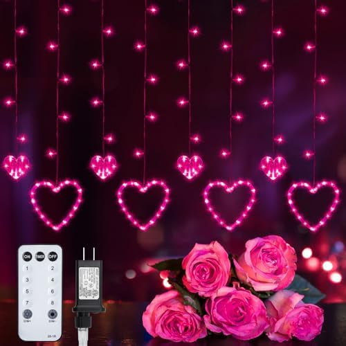 Valentines Day Decor, Pink Love Heart String Lights for Bedroom, 12 Hearts 138 LED Fairy Twinkle Lights with Remote, 8 Lighting Modes Connectable Window Lights for Valentine's Day Wedding Home Decor