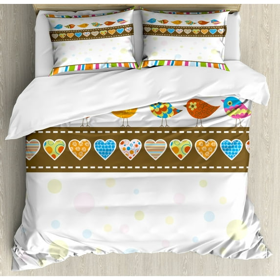 Valentines Day Decor Queen Size Duvet Cover Set, Cute Chubby Birds with Colored Hearts and Stripes Abstract Dots Image, Decorative 3 Piece Bedding Set with 2 Pillow Shams, Multicolor, by Ambesonne