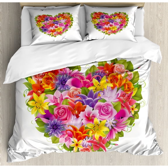 Valentines Day Decor Queen Size Duvet Cover Set, Heart Frame with Shabby Chic Flowers Roses Leaves Romantic Theme Image, Decorative 3 Piece Bedding Set with 2 Pillow Shams, Multicolor, by Ambesonne