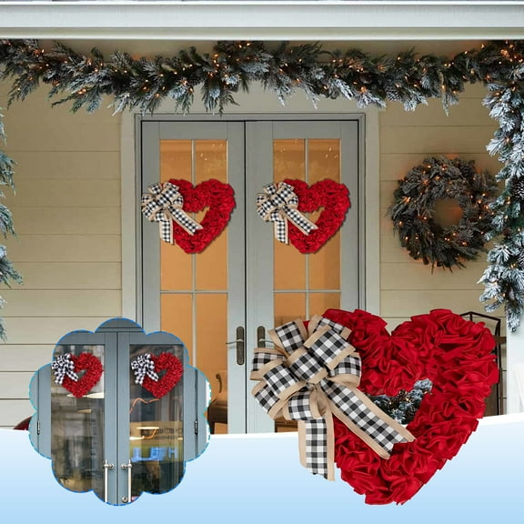 Valentines Day Decor,Red Love Hearts Wreaths for Front Door Outside,Valentine Decorations for The Home Plaid Bowknot Heart Shaped Wreath for Outdoor Valentine's Day Wreath,San Valentin Decoration