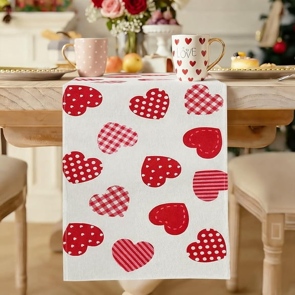 Valentines Day Decor Table Runner Red Plaid Love Hearts Burlap Tablecloth Rustic Romantic Kitchen Dining Table Decor for Valentines Indoor Home Anniversary Wedding Party, 14x72 Inch