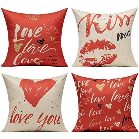 Valentines Day Decor Throw Pillow Covers Cases 20 x 20 Inch Set of 4 Red Love Heart Cushion Decorations,Romantic Kiss Quote