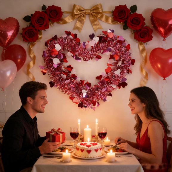 Valentines Day Decor Tinsel Garland with Hearts, 50 Ft Pink Red White Glitter Garland for Wedding Party Decorations, Twist Metallic Shiny Hanging Garland Ornaments for Home Indoor Outdoor