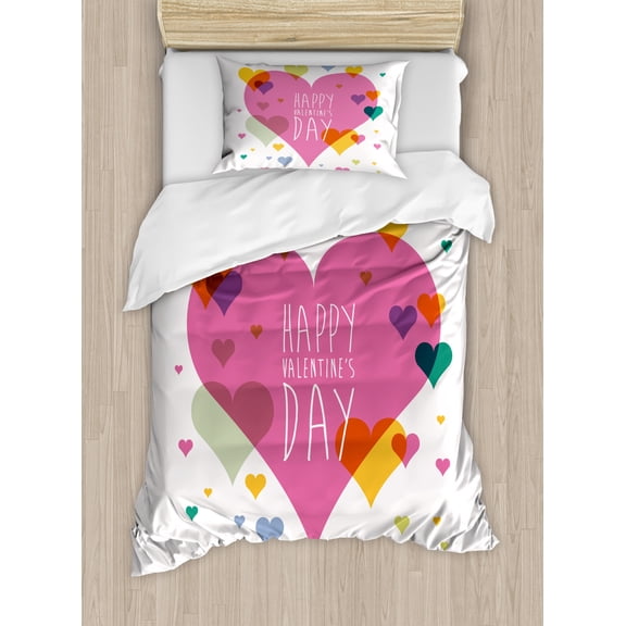 Valentines Day Decor Twin Size Duvet Cover Set, Happy Valentine Day Quote Love Romance Theme Abstract Image with Heart, Decorative 2 Piece Bedding Set with 1 Pillow Sham, Multicolor, by Ambesonne