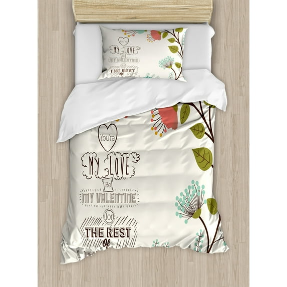 Valentines Day Decor Twin Size Duvet Cover Set, Valentines Day Romanic Themed Floral Flowers with Leaves Art Print, Decorative 2 Piece Bedding Set with 1 Pillow Sham, Multicolor, by Ambesonne