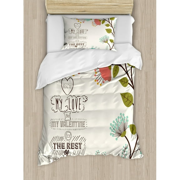 Valentines Day Decor Twin Size Duvet Cover Set, Valentines Day Romanic Themed Floral Flowers with Leaves Art Print, Decorative 2 Piece Bedding Set with 1 Pillow Sham, Multicolor, by Ambesonne
