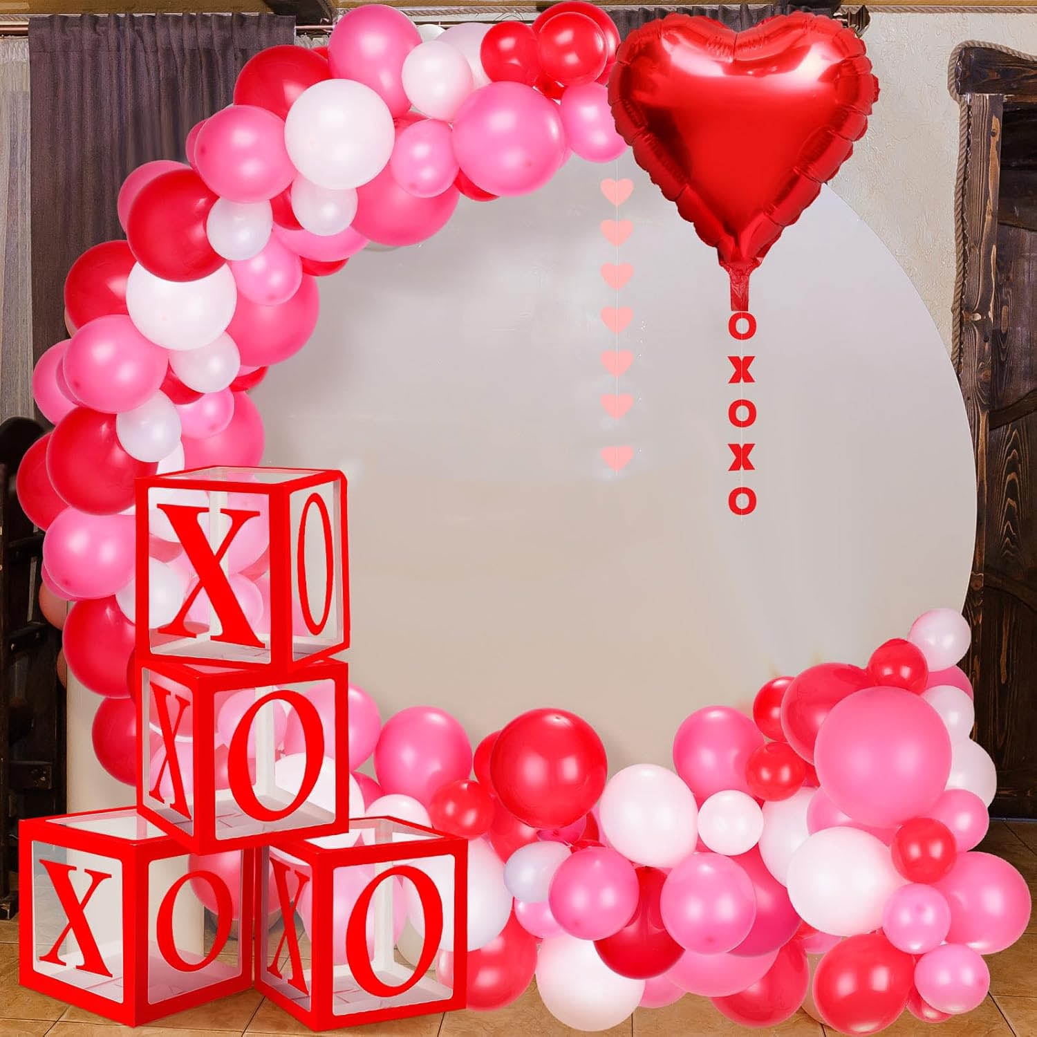 Valentines Day Decor - XOXO Balloon Arch & Boxes, Pink Heart Balloon Garland Arch Kit for Wedding, Engagement, Party