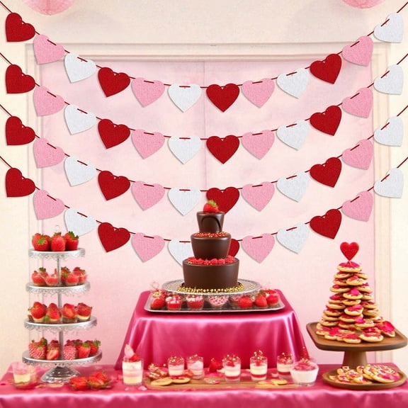 Valentines Day Decorated Flag 4 Pack, Heart Shaped Paper Garland Banner, Romantic Bedroom Window Party Decor, Handcrafted Fine Workmanship, Adjustable Length Easy Hang Love Festive