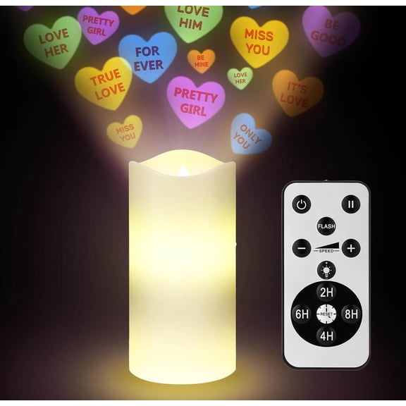 Valentines Day Decoration Flameless Candles Heart Projector Light Conversation Heart Romantic Love Candles LED Candle with Remote and Timer Night Light Indoor Decor