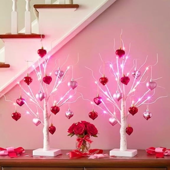 Valentines Day Decorations 2Pack Birch Tree with Hanging Heart-Shaped Ornaments, Lighted Artificial Trees with 24 LED Pink&Red Lights, Light Up Twig Tabletop Battery Operated for Home Indoor Table