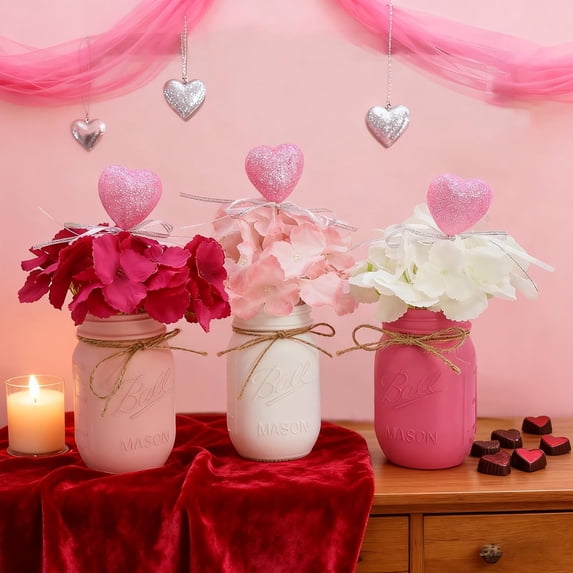Valentines Day Decorations 3-Pack Mason Jars, Rustic Decorative Table Centerpiece for Mothers Day, Anniversary & Wedding, Valentines Gift for Women Home & Bathroom Decor