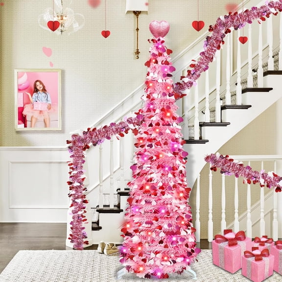 Valentines Day Decorations 5Ft Pink Valentines Christmas Tree with Lights Timer Battery Operated Pop Up Artificial Tree with Heart Ornaments, Heart Topper Decorations for Indoor Home Outdoor Office
