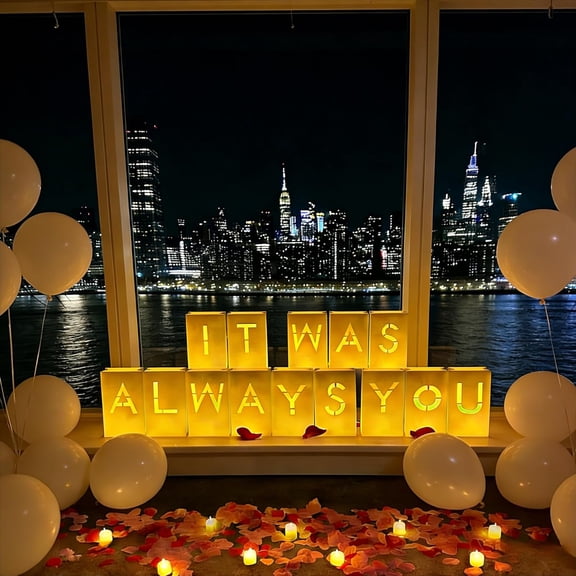 Valentines Day Decorations It Was Always You Sign Luminary Bags Light Up Letter Set with 2000PC Rose Petals and Candles for Anniversary Romantic Decorations Special Night Decor for Woman Man Girl