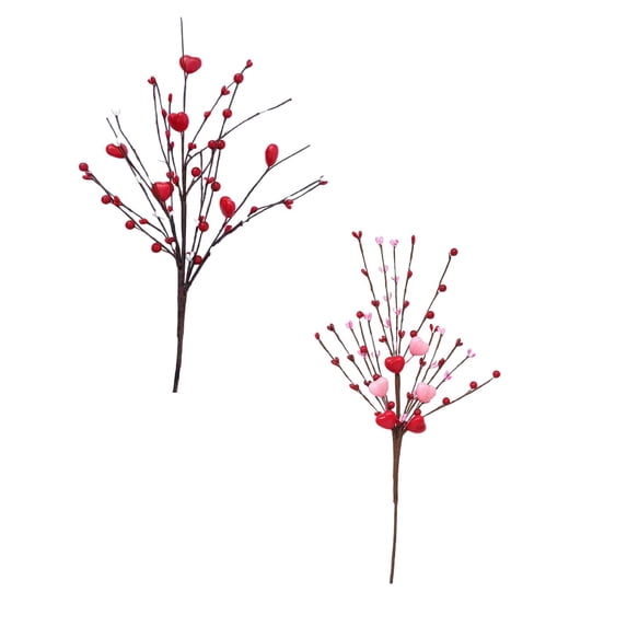 Valentines Day Decorations, Artificial Berry Flowers Stems 2 Pcs Heart Shaped Berry Picks for Valentine’s Day, Wedding, Propose, Anniversary Vase Decor, 17.7", Red Heart + Red Pink Hreat